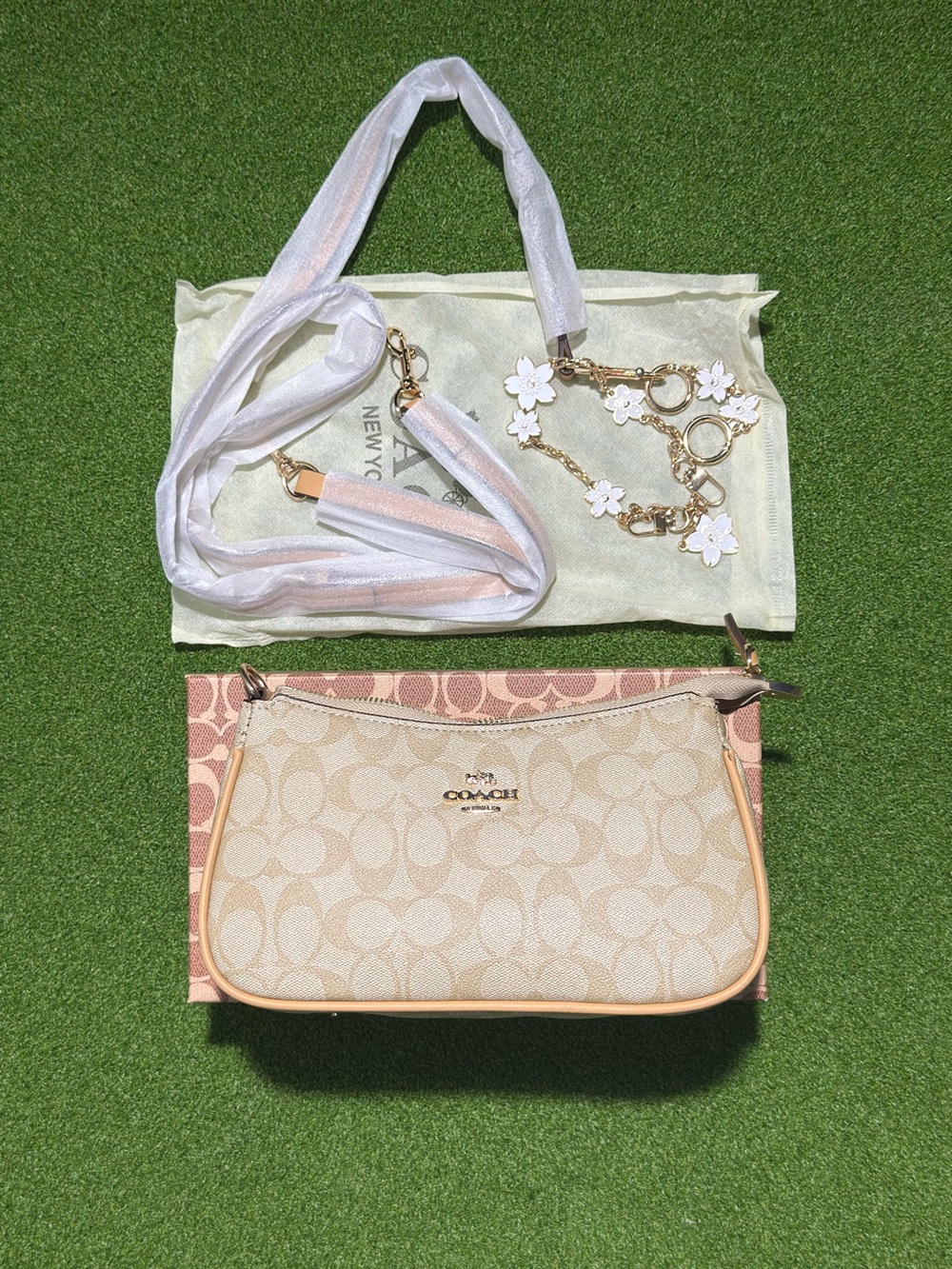 Coach Beige Signature Canvas Crossbody with Floral Charm